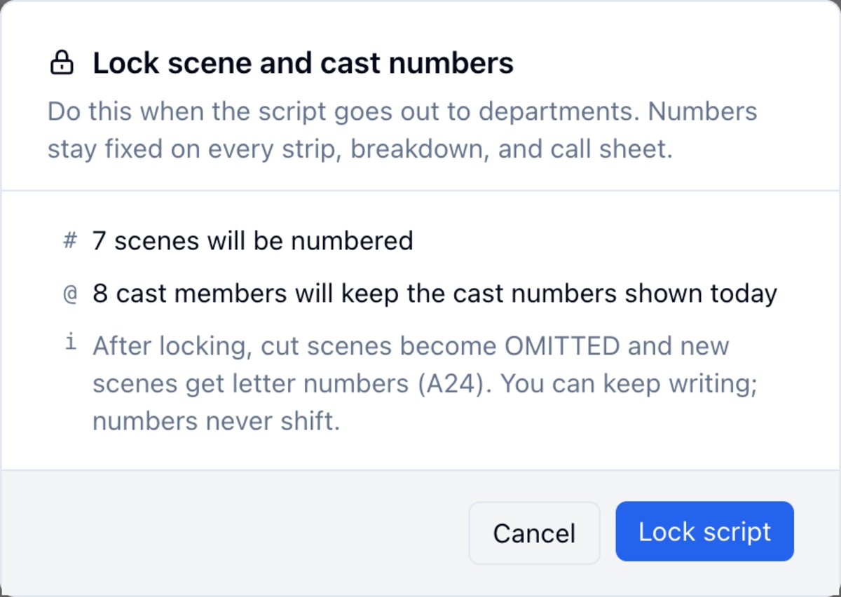 The Lock scene and cast numbers confirmation, listing scene and cast counts