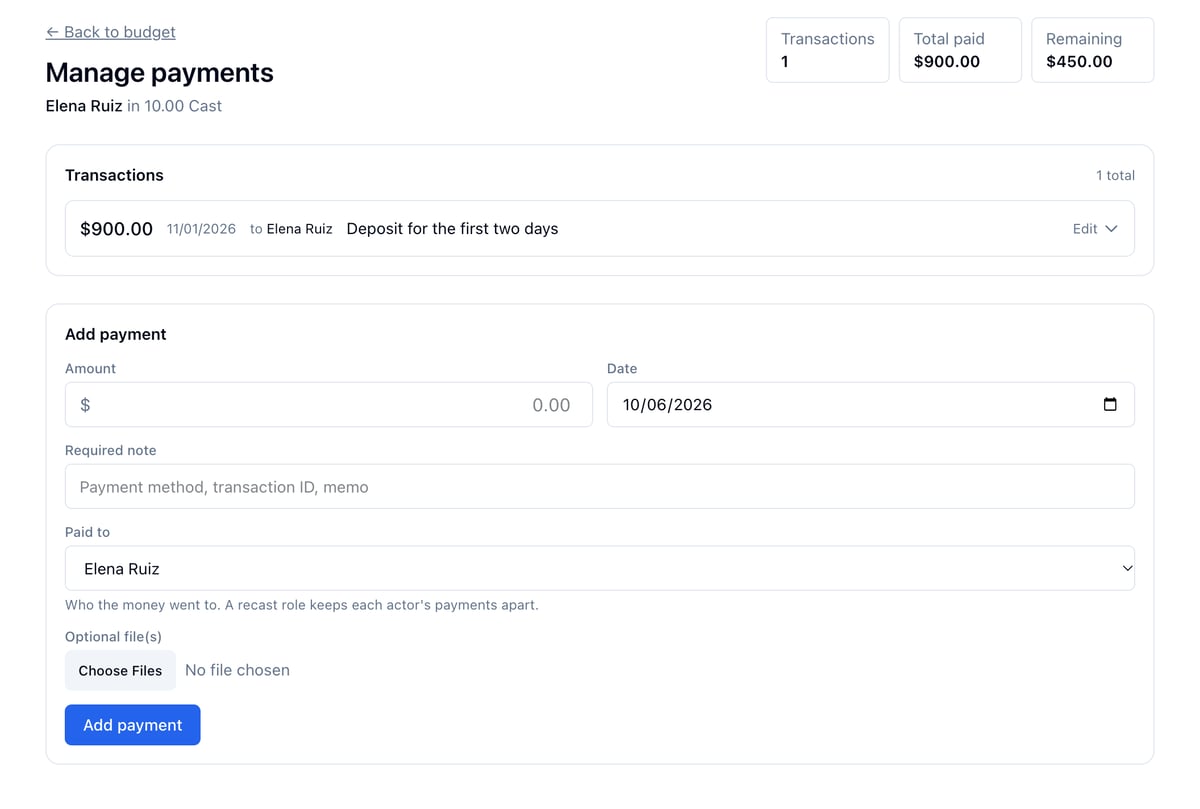 Manage payments for Elena Ruiz in 10.00 Cast: one transaction of $900.00 on 11/01/2026 to Elena Ruiz, totals for transactions, total paid, and remaining, and the Add payment form with a Paid to field