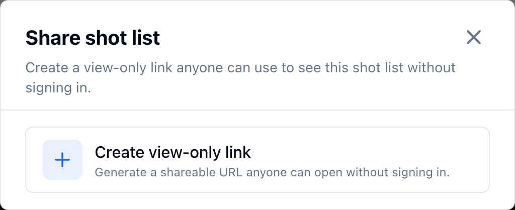 The Share shot list modal before a link exists, with the Create view-only link button