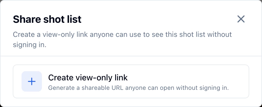 The Share shot list modal before a link exists, with the Create view-only link button