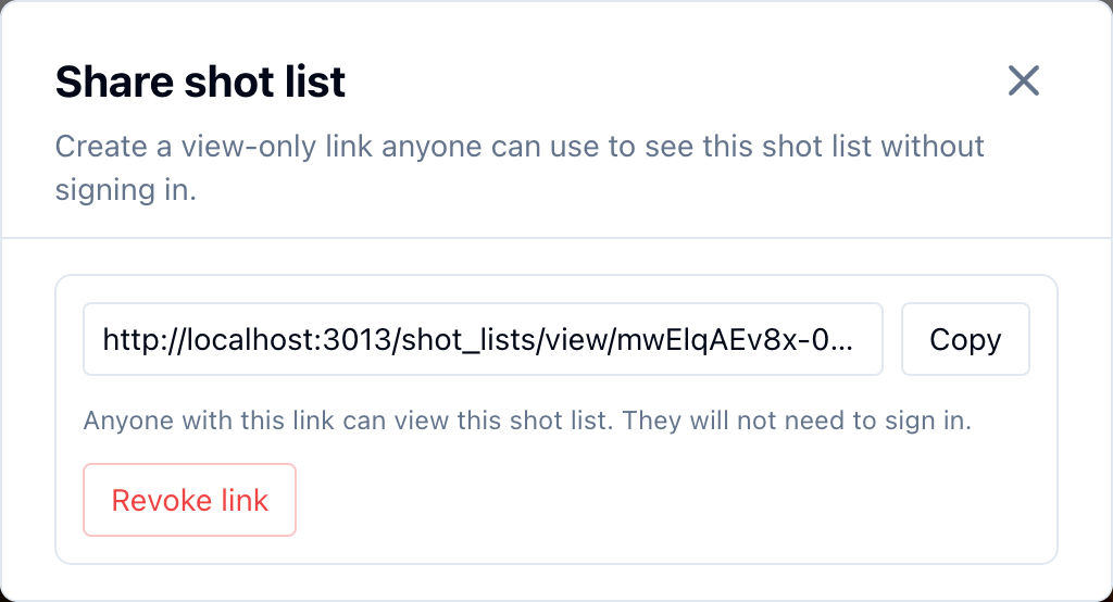 The modal with the link, a Copy button, and Revoke link