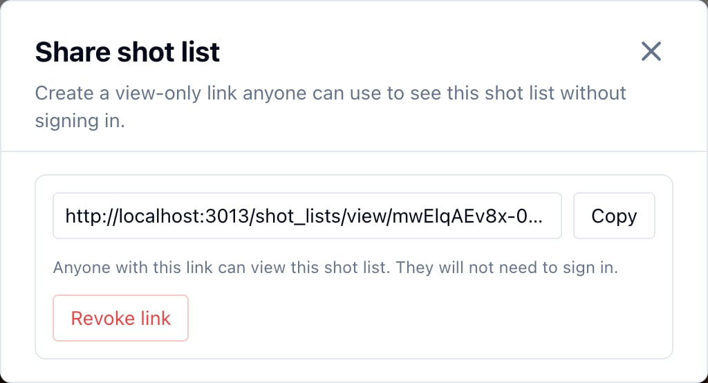 The modal with the link, a Copy button, and Revoke link