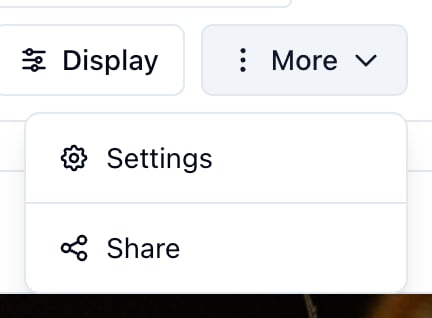 The More menu on the shot list View, with Settings and Share