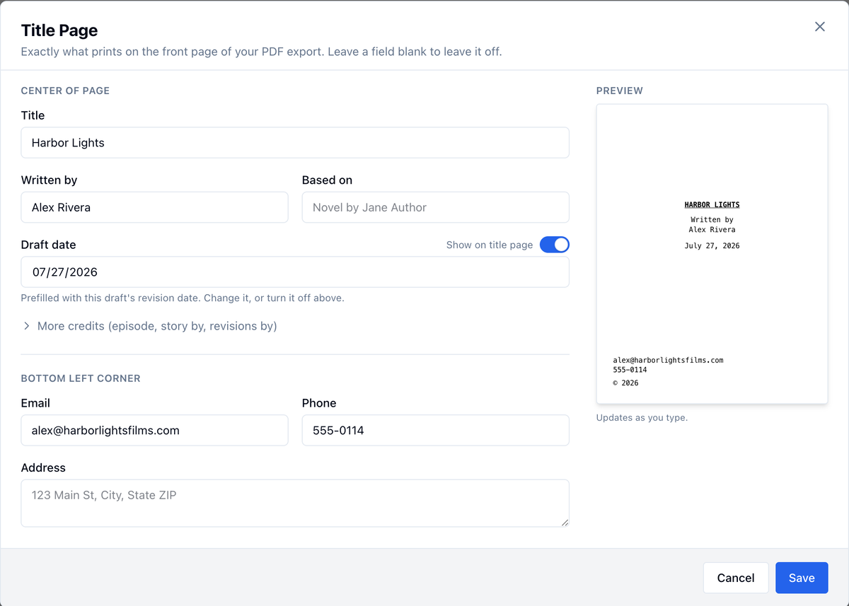 Title Page modal with prefilled title, author, and draft date fields and a live preview of the printed page
