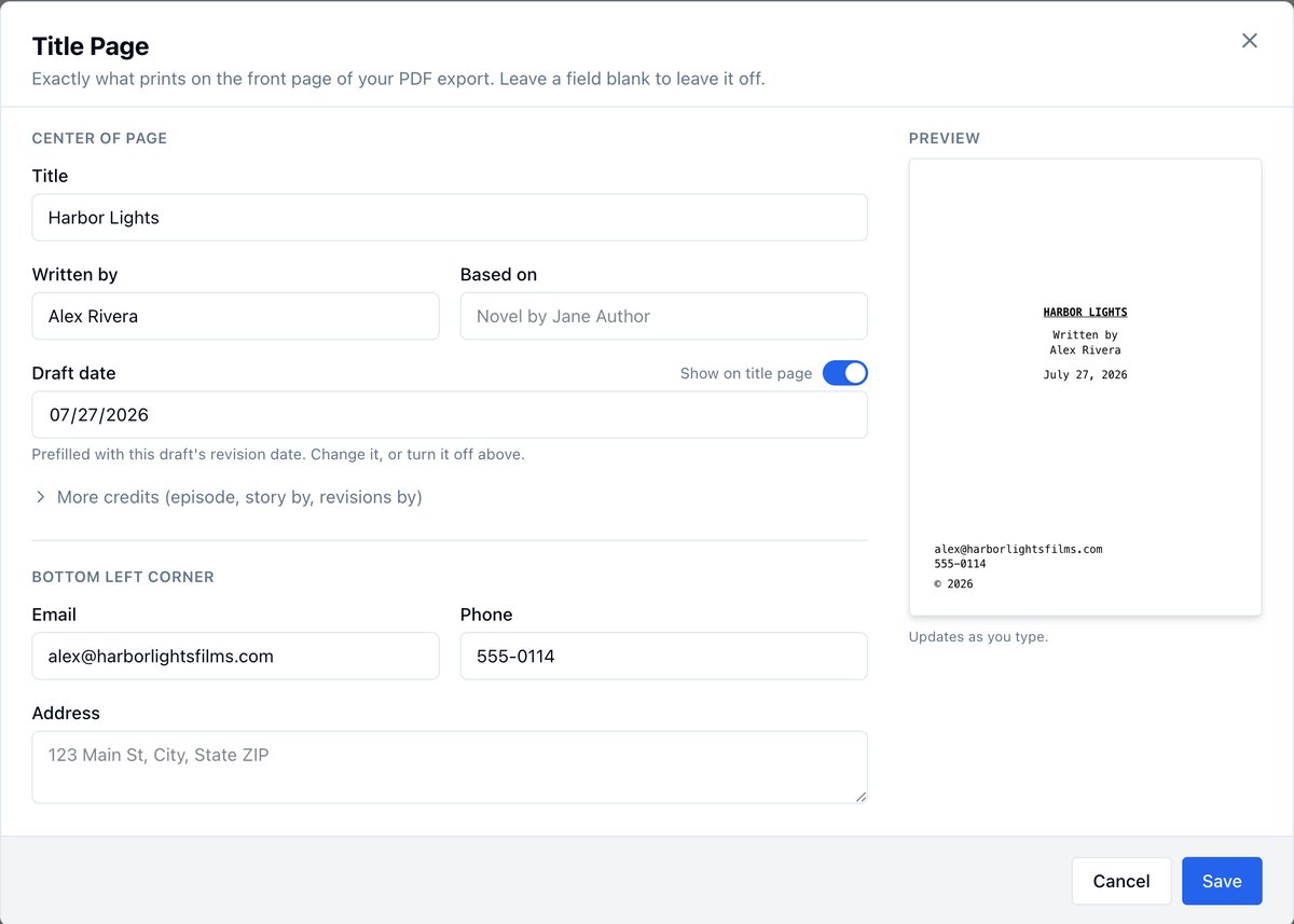 Title Page modal with prefilled title, author, and draft date fields and a live preview of the printed page