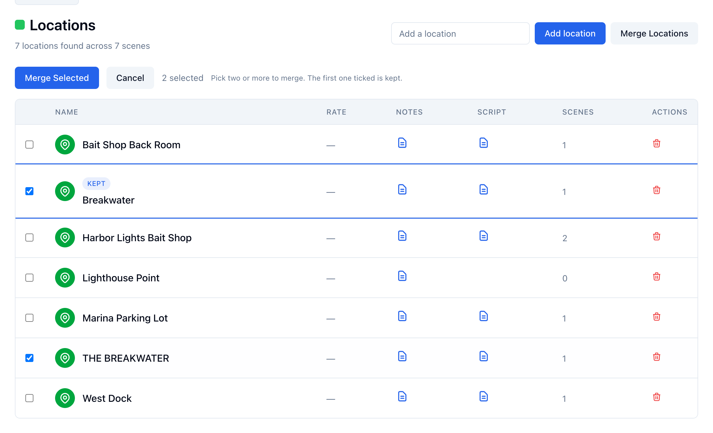 Merge mode on the Locations list: Breakwater ticked and marked Kept, THE BREAKWATER ticked, and Merge Selected ready