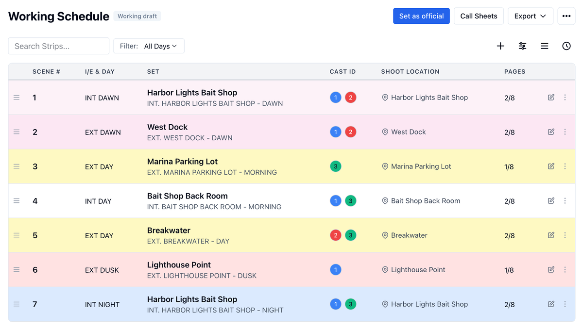 The Working Schedule stripboard with all seven Harbor Lights scenes, from INT. HARBOR LIGHTS BAIT SHOP - DAWN to INT. HARBOR LIGHTS BAIT SHOP - NIGHT