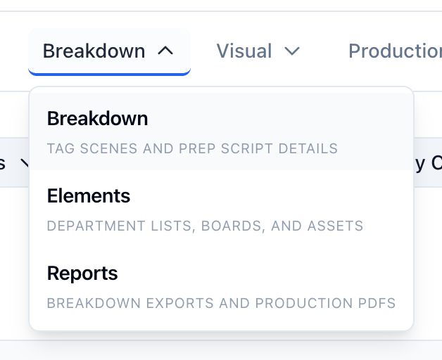 The Breakdown menu open in the project nav: Breakdown, Elements, and Reports, each with a line saying what it is for