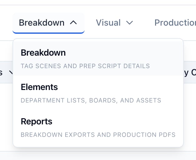 The Breakdown menu open in the project nav: Breakdown, Elements, and Reports, each with a line saying what it is for