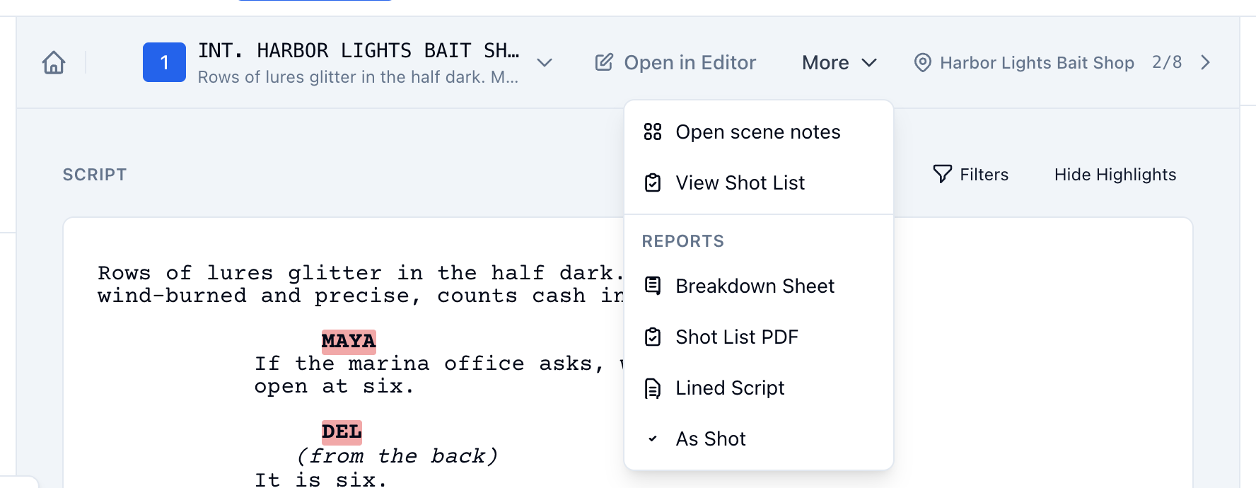 A scene's top bar: scene number and heading, Open in Editor, More open with its actions and reports, the location, the page length, and the arrows