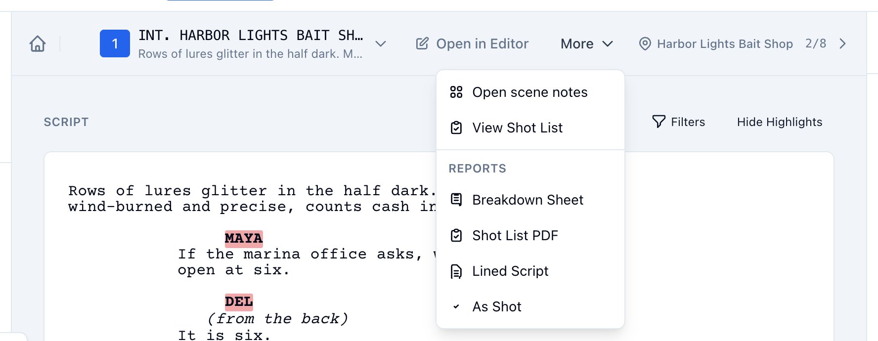 A scene's top bar: scene number and heading, Open in Editor, More open with its actions and reports, the location, the page length, and the arrows
