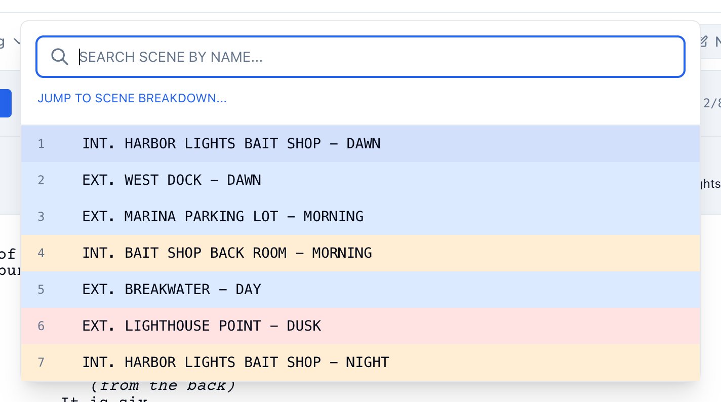 The jump list open: every scene by number and heading, with Search scene by name at the top