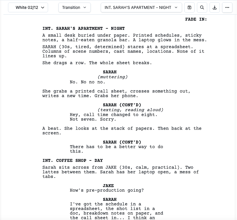 Script editor with toolbar and formatted script