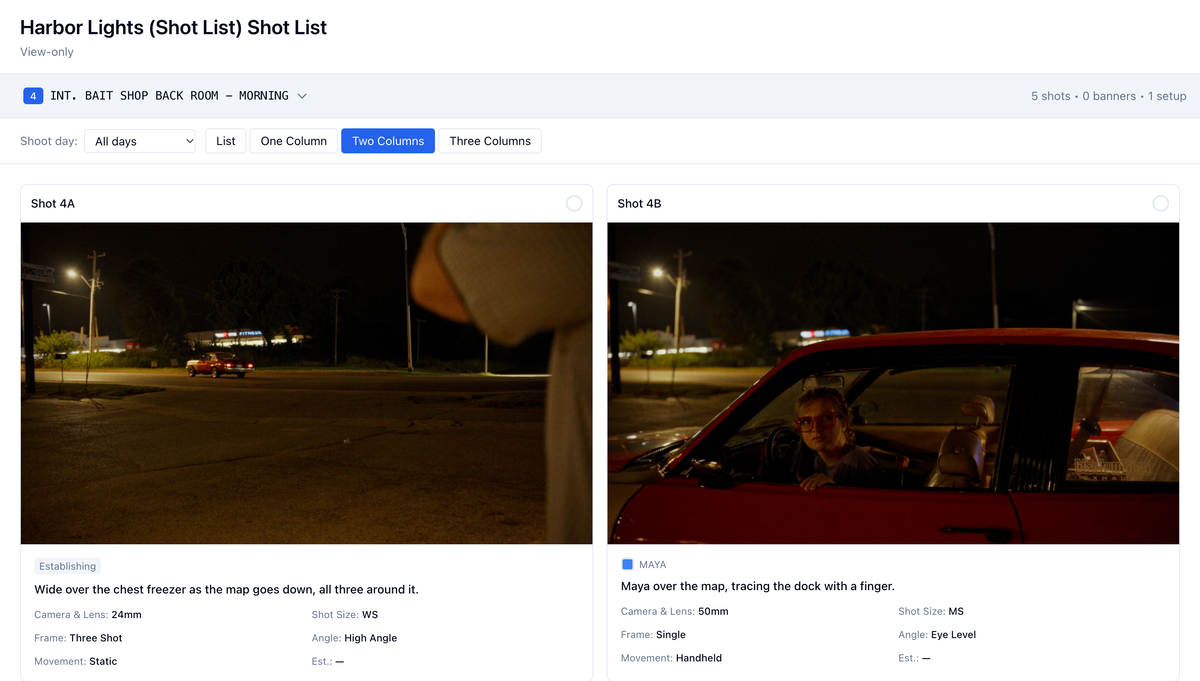 What the link opens: the shot list for the back room, two-column cards with reference frames, no account