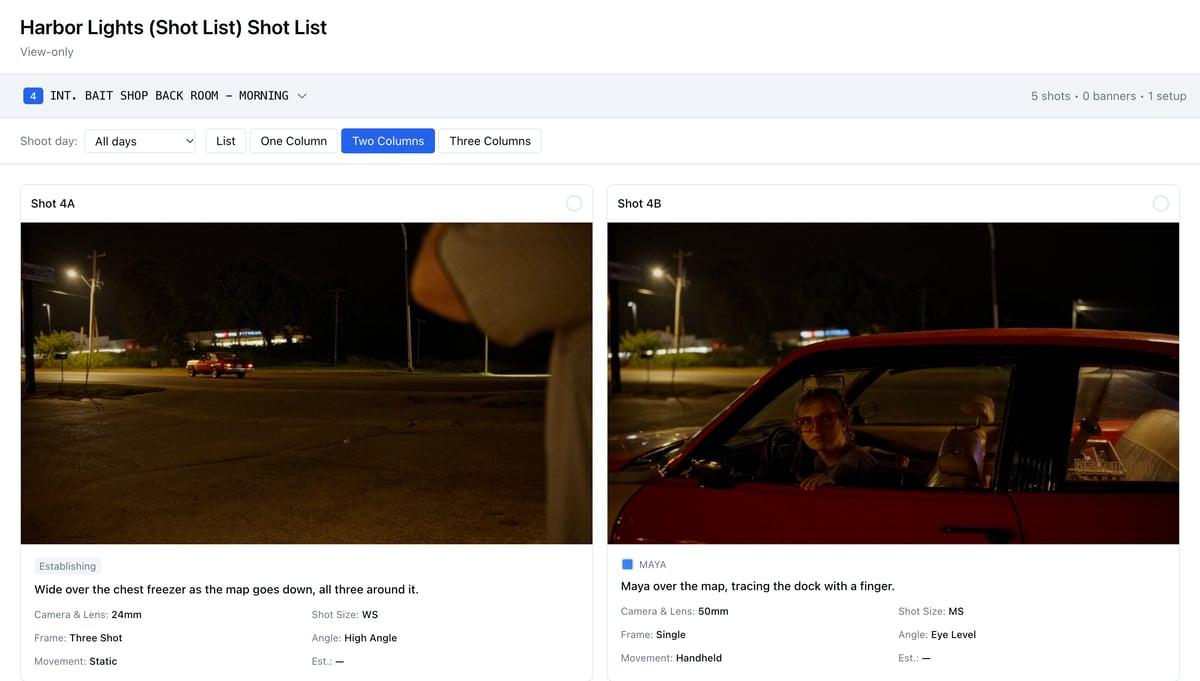 What the link opens: the shot list for the back room, two-column cards with reference frames, no account