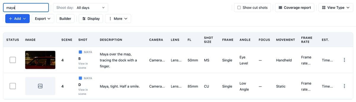 Search Shots narrowing the table to the shots that mention Maya
