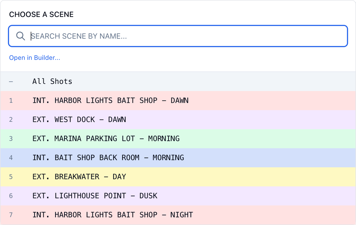 The scene picker: search, All Shots, and the scenes in script order