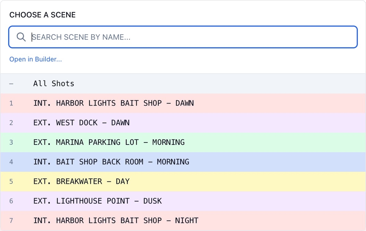 The scene picker: search, All Shots, and the scenes in script order