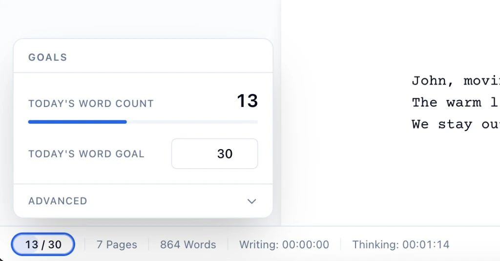 Goals panel showing today's word count, progress bar, and word goal input