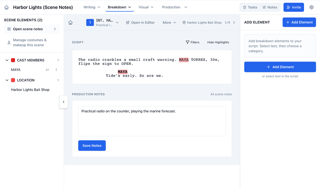 The Production notes box below the script, with the All scene notes link and Save Notes