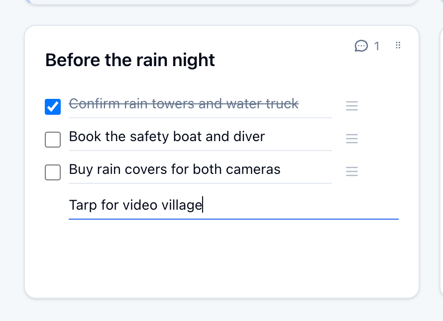 Adding Tarp for video village to the Before the rain night checklist