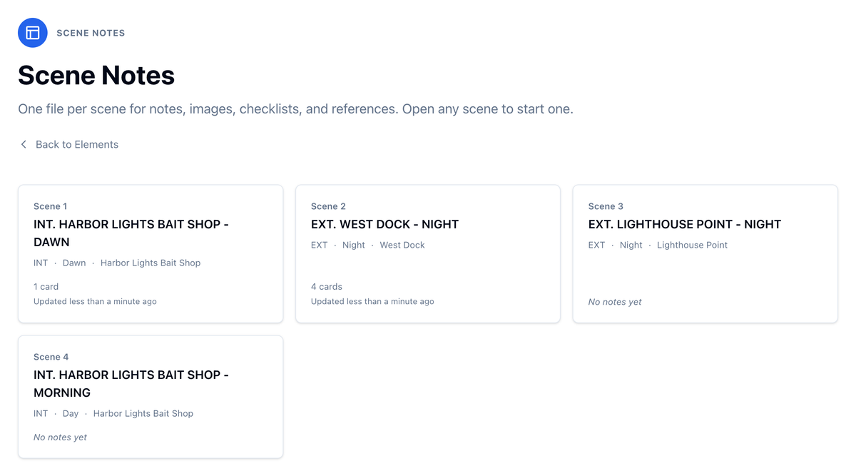 The Scene Notes page for Harbor Lights: the bait shop with 1 card, the west dock with 4, and the lighthouse and the morning bait shop with no notes yet