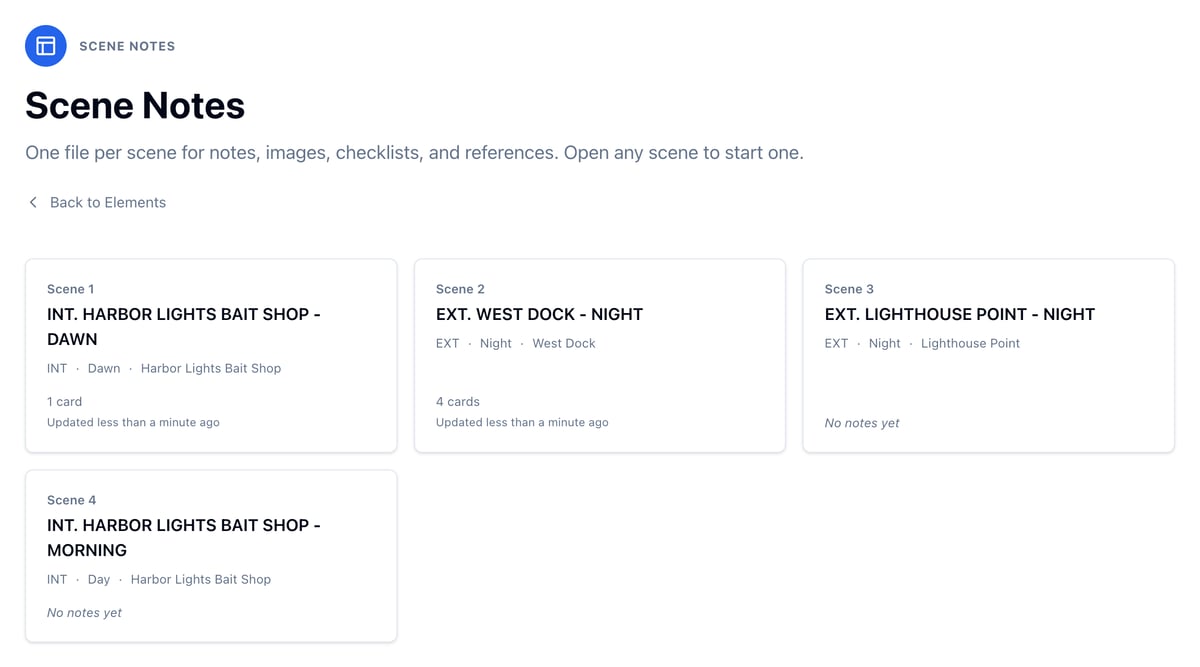 The Scene Notes page for Harbor Lights: the bait shop with 1 card, the west dock with 4, and the lighthouse and the morning bait shop with no notes yet
