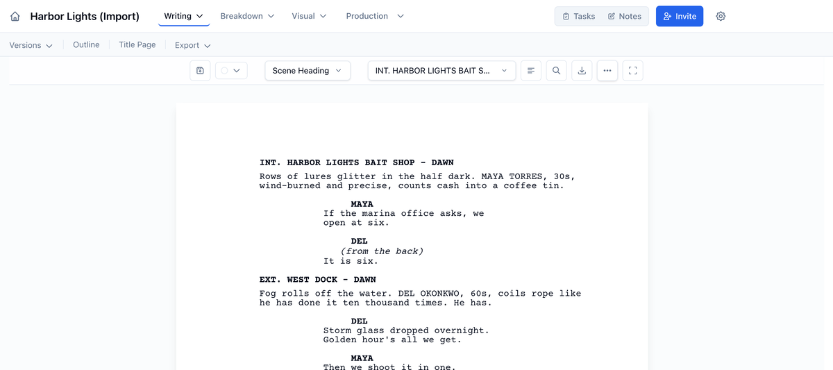 The imported script open in the editor on page 1, starting with INT. HARBOR LIGHTS BAIT SHOP - DAWN
