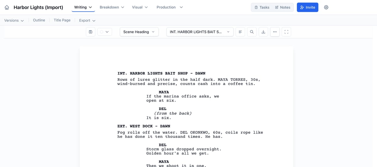 The imported script open in the editor on page 1, starting with INT. HARBOR LIGHTS BAIT SHOP - DAWN
