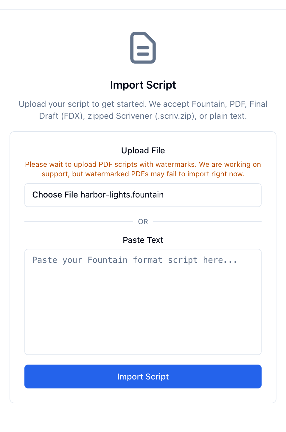 The Import Script form with harbor-lights.fountain chosen, above the Paste Text box