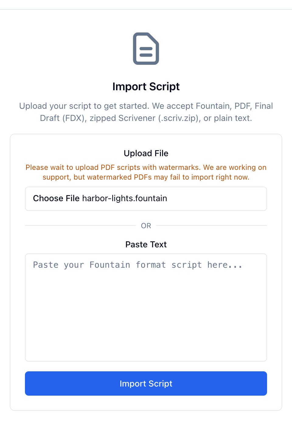 The Import Script form with harbor-lights.fountain chosen, above the Paste Text box