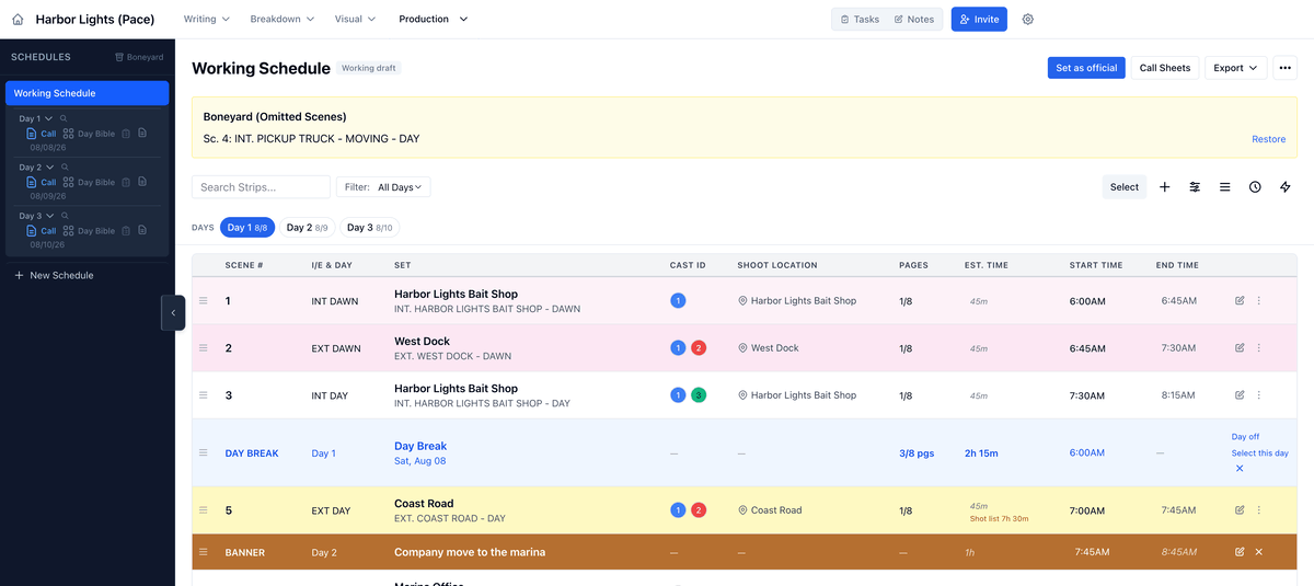 Day 1 at 45m a scene and 2h 15m for the day, Prep before a scene changed to 10 in the Pace window, then Day 1 at 25m a scene and 1h 15m, with Pace saved and the end times ringed in amber