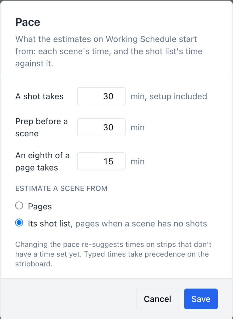 The Pace window with Its shot list chosen under Estimate a scene from