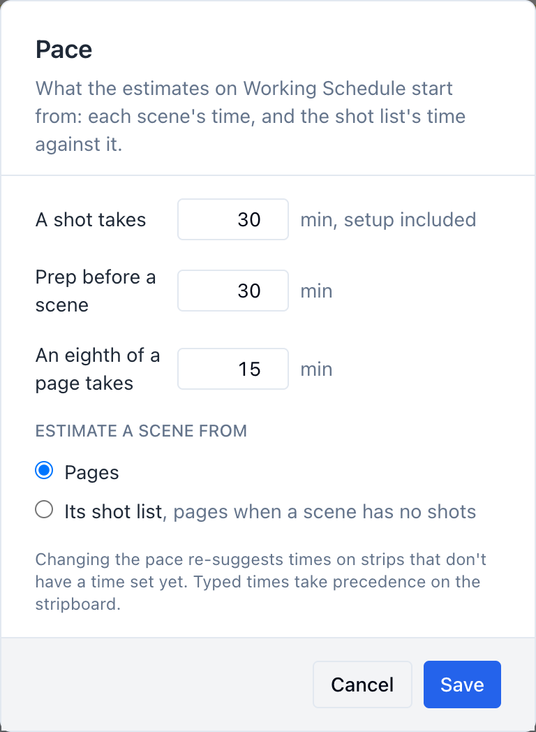 The Pace window: A shot takes 30 min, Prep before a scene 30 min, An eighth of a page takes 15 min, and Estimate a scene from set to Pages