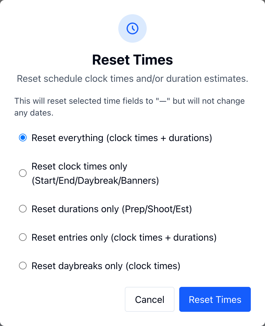The Reset Times window with Reset everything chosen, then clock times only, durations only, entries only and daybreaks only