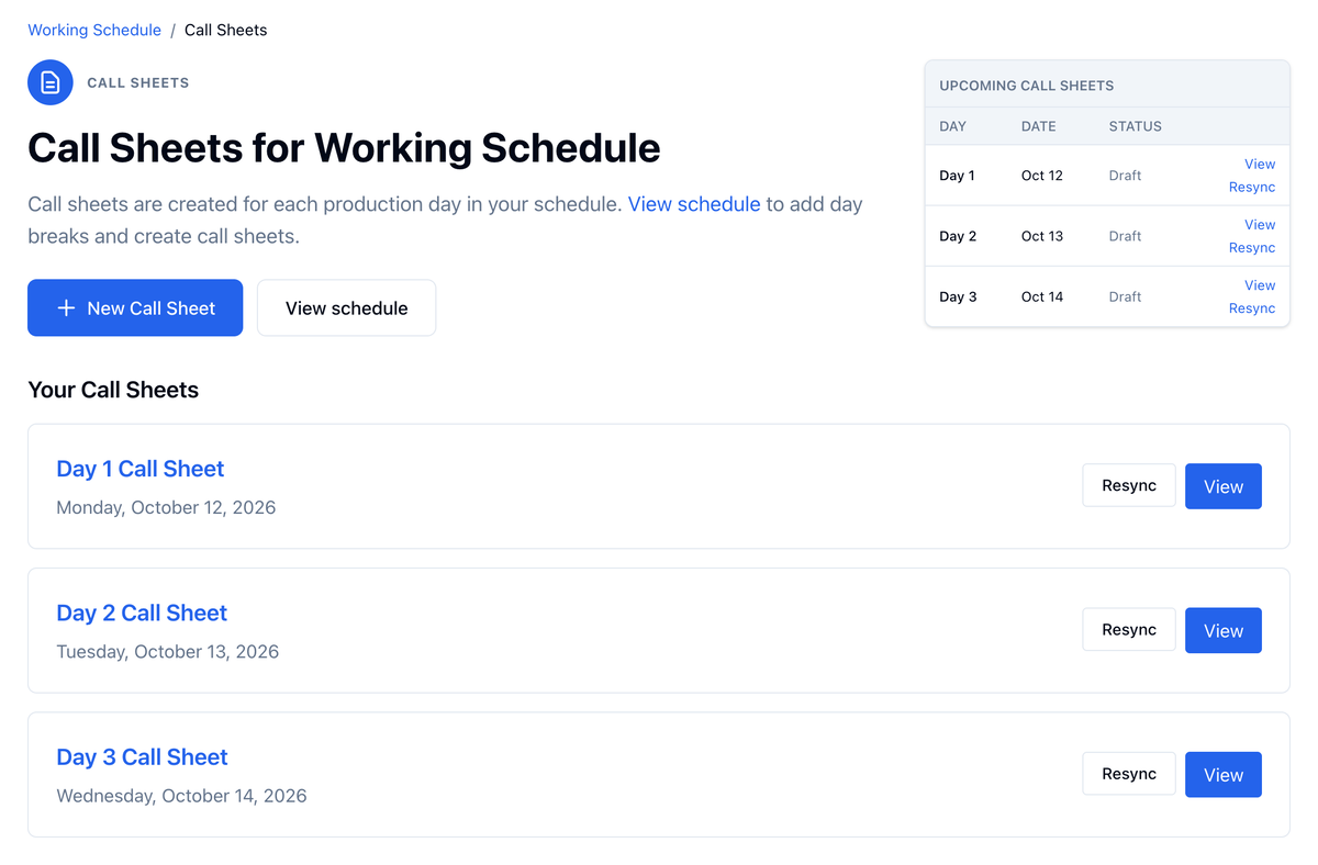 Call Sheets for Working Schedule: Upcoming Call Sheets with Day 1, Day 2, and Day 3 as Draft, and a card for each day