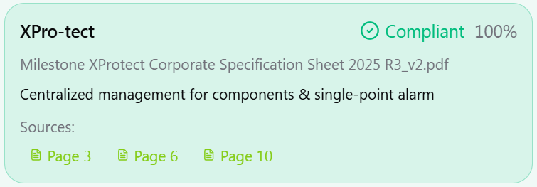 AI result card showing Compliant status at 100% confidence with source page references