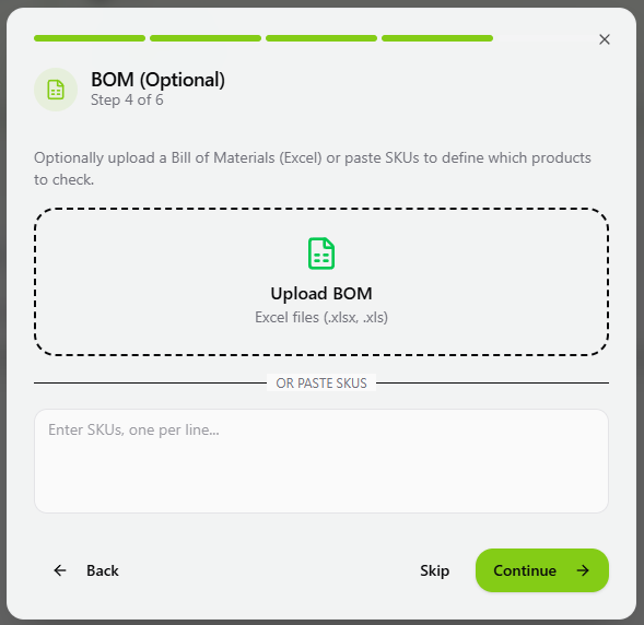 BOM upload dialog showing Step 4 of 6 with upload and paste options