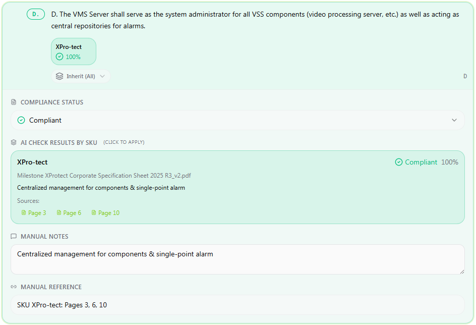 Expanded compliance result showing status, AI reasoning, source page references, and manual notes