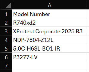 Excel spreadsheet with a Model Number column listing product SKUs