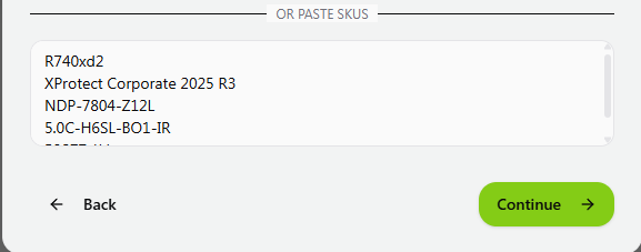 Text input showing pasted SKU model numbers, one per line