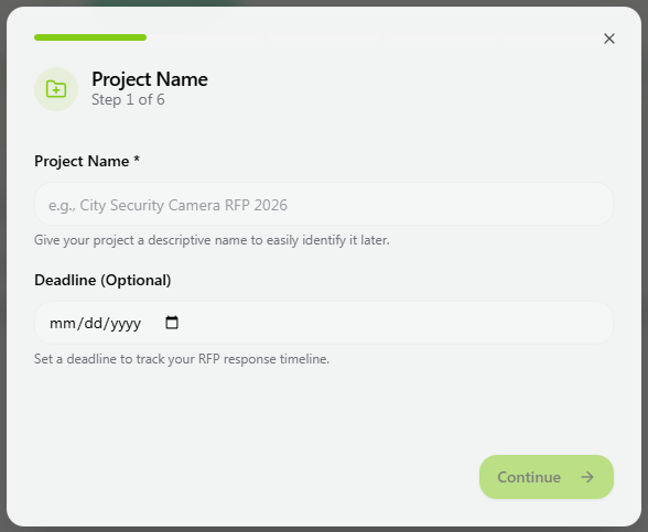 Project Name dialog showing Step 1 of 6 with name and deadline fields