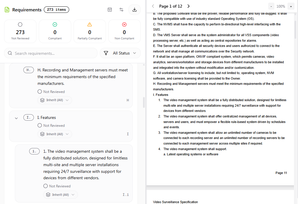 Split view showing extracted requirements on the left and the original RFP PDF on the right