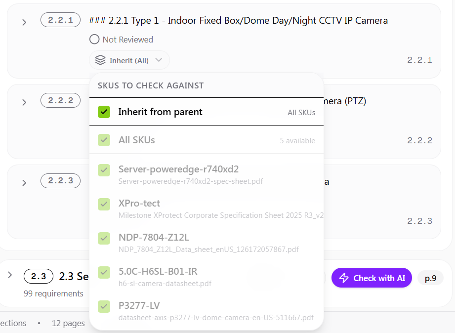 SKU selection dropdown showing inherit from parent, all SKUs, and individual SKU options