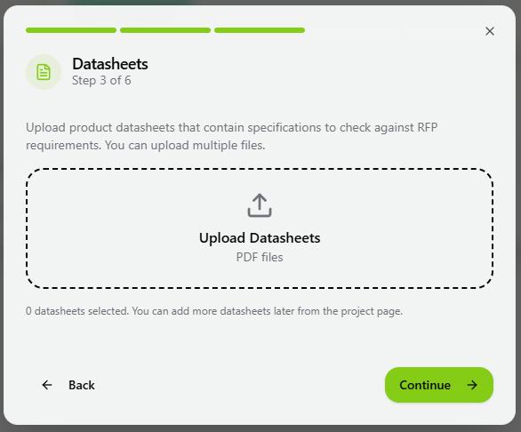 Upload Datasheets dialog showing Step 3 of 6