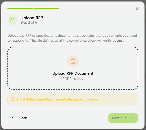Upload RFP dialog showing Step 2 of 6 with a file drop zone for PDF files