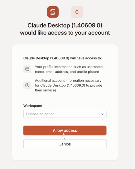 Sphinx authorization page with a workspace selector and Allow access button