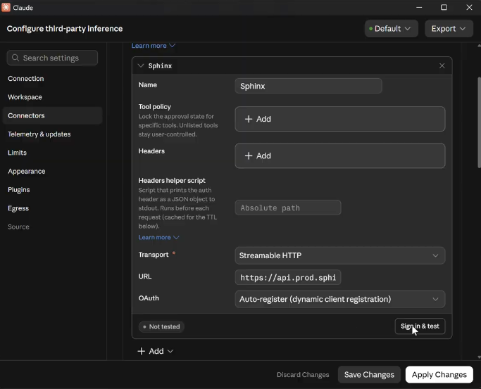 Sphinx MCP server configured with Streamable HTTP transport and automatic OAuth registration