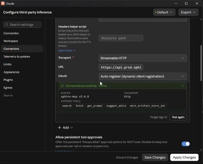 Sphinx MCP server status showing Connected successfully and a list of exposed tools