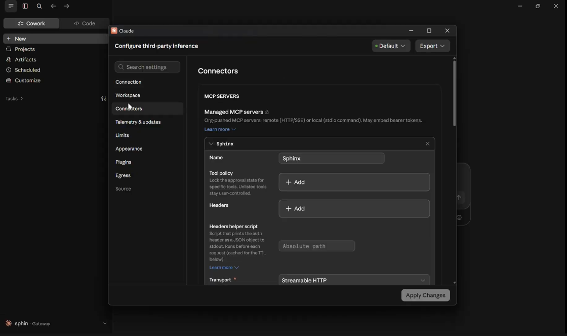 Claude Desktop third-party inference settings with Connectors selected in the sidebar